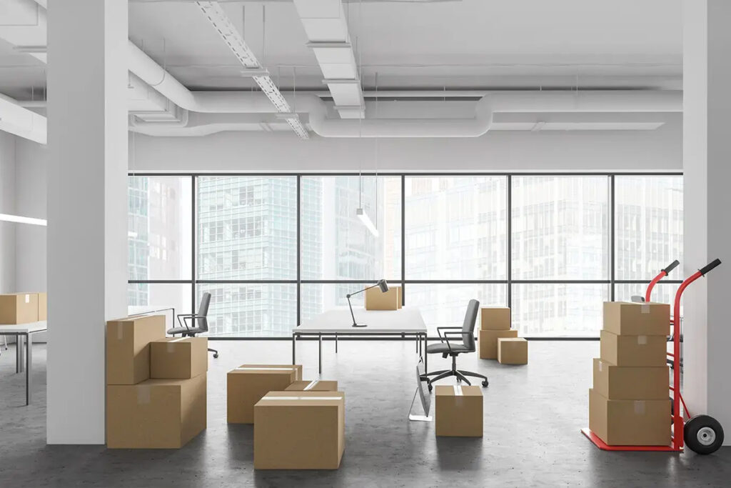 Modern office space with moving boxes