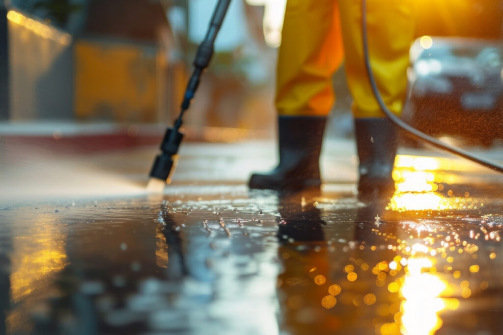 Person pressure washing wet pavement surface