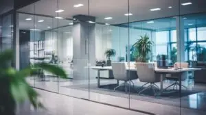 glass corporate office with white chairs in meeting room