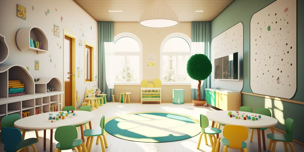 Inside childcare center with yellow and teal finishes