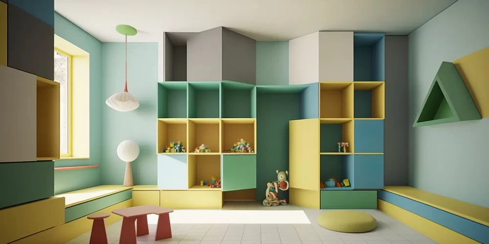 Childcare center in yellow and green with table and shelves